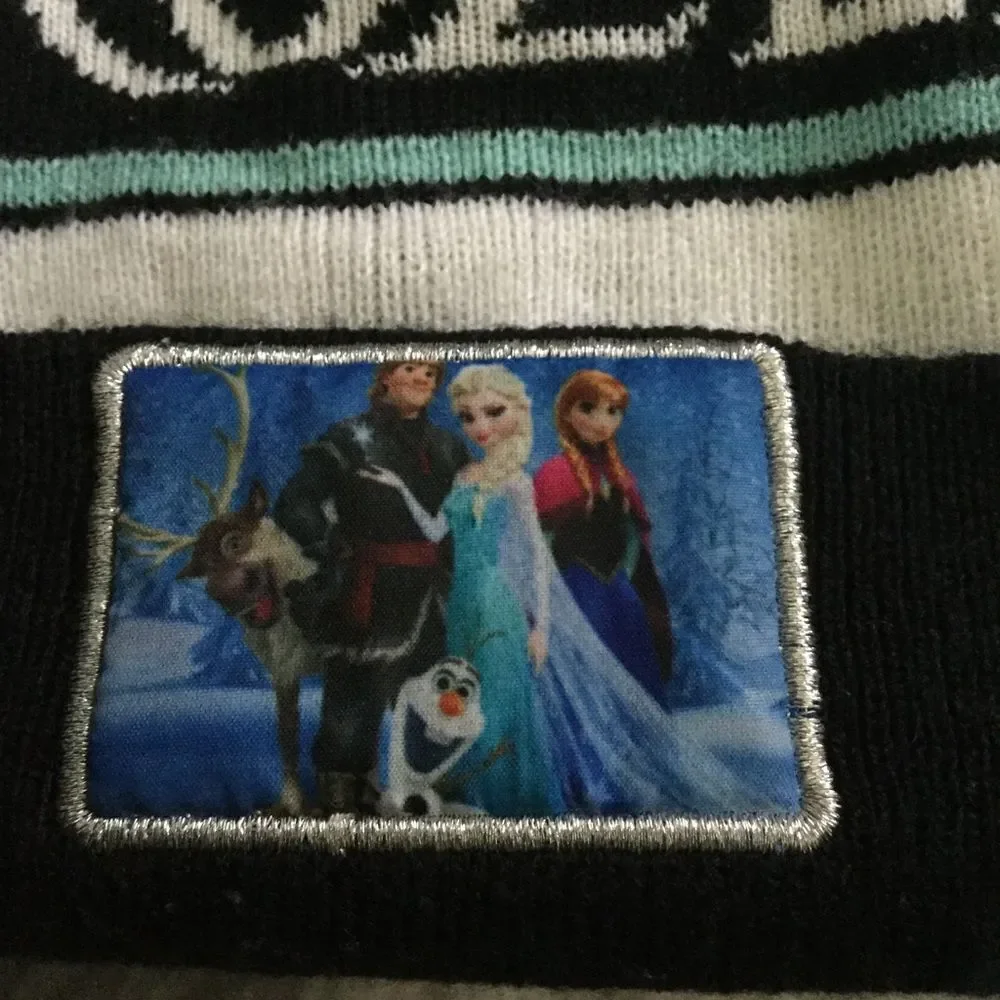 Disney Frozen Girl’s Black Blue Stripe Knit Pom Pom Beanie Winter Hat OS